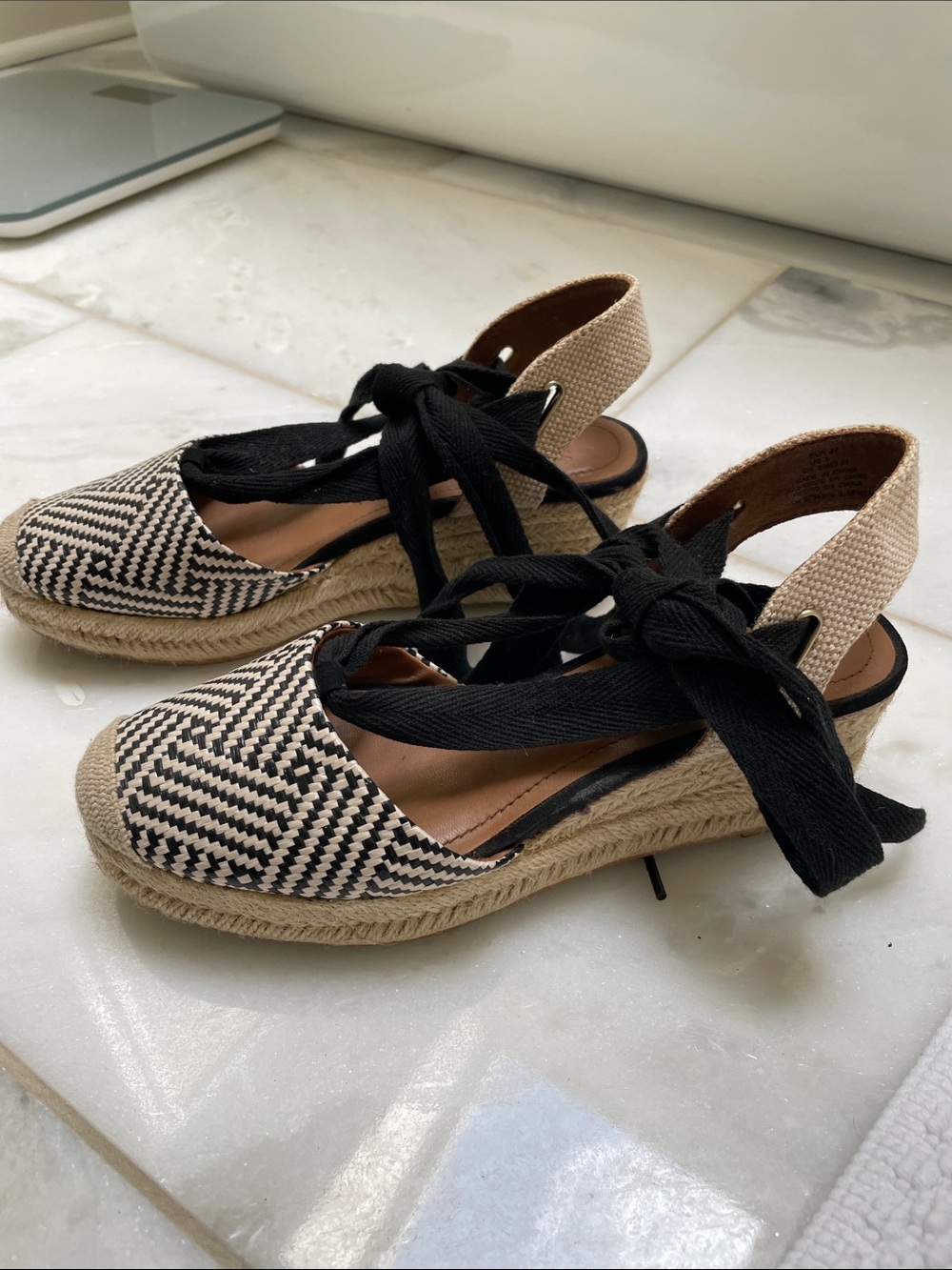 H&M Black and Cream Woven Espadrille Wedge Sandals with Ankle Ties